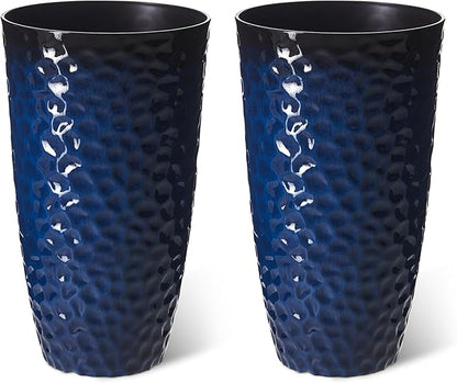 Glitzhome Set of 2 Tall Plastic Planters 23.75"H Eco-Friendly Honeycomb Textured Outdoor Indoor Garden Pots for Porch Patio, Large Modern Deck Plant Container with Easy Knock-out Drainage Holes, Blue
