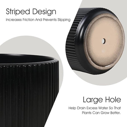 Oakrain Plant Pots Set of 3 with Vertical Stripes 7.8/6.5/5.2 inch, Modern Decorative Planters for Indoor Outdoor Plants, Garden Flower Pot with Drainage Holes, Ceramic Black