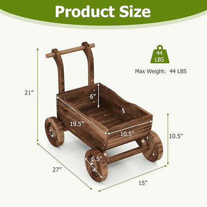 Tangkula Wooden Wagon Planter Box, Decorative Garden Planter w/Wheels, Handle, Drain Hole, Rustic Wooden Flower Cart for Indoor & Outdoor Decor for Patio, Garden, Balcony (27" L x 15" W x 21" H)