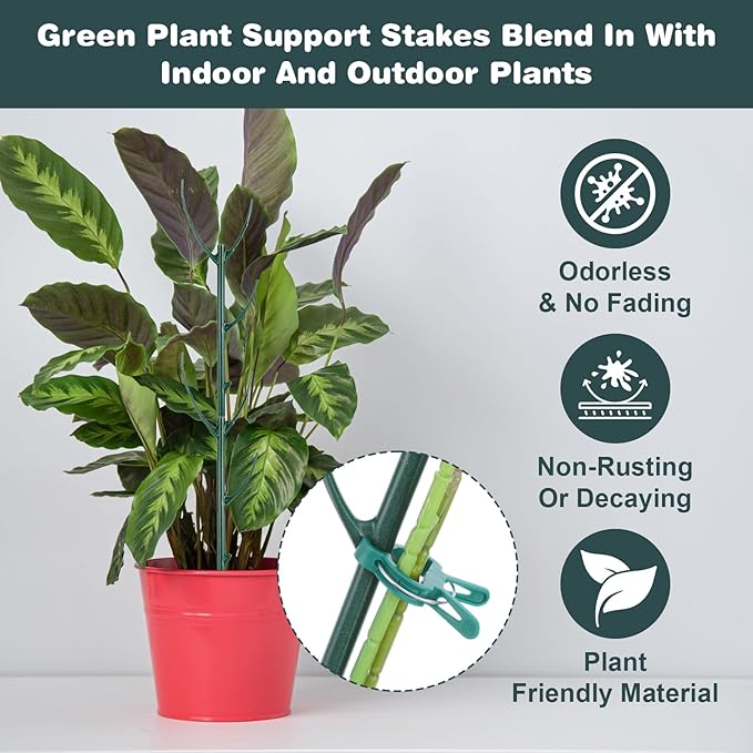 16Pcs Stackable Plant Support Stakes, Plant Stakes for Indoor and Outdoor, Plants Sticks for Vine Training Stem Stabilization, Plants Clips, Stem Holder Structures Frame for Potted Monstera Climbing