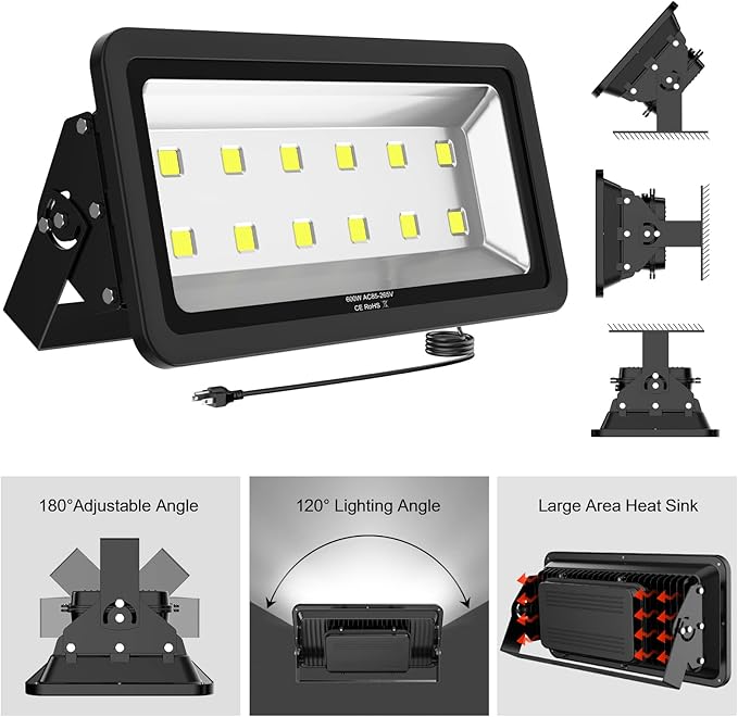 600W Outdoor LED Flood Light, 60000LM Super Bright, 110-285V, IP66 Waterproof, 6000K Daylight White Security Lights,Lighting for Playground Yard Stadium Lawn Ball Park