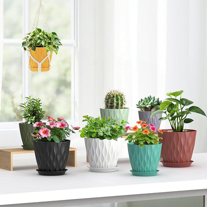 7/6.5/6/5.5/5/4.5/4 inch Plant Pots for Indoor Outdoor Plants, 7 Pack Thick Flower Pots with Drainage Holes and Saucers, Modern Wave Texture Small Plastic Planters Nursery Pots, Multicolor
