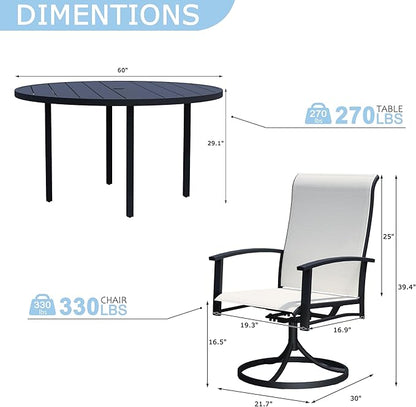 9 Piece Outdoor Dining Set, 60" Black Round Outdoor Dining Table with 8 Oyster Beige Swivel Patio Table and Chair Set of 8 for Lawn, Garden, or Porch