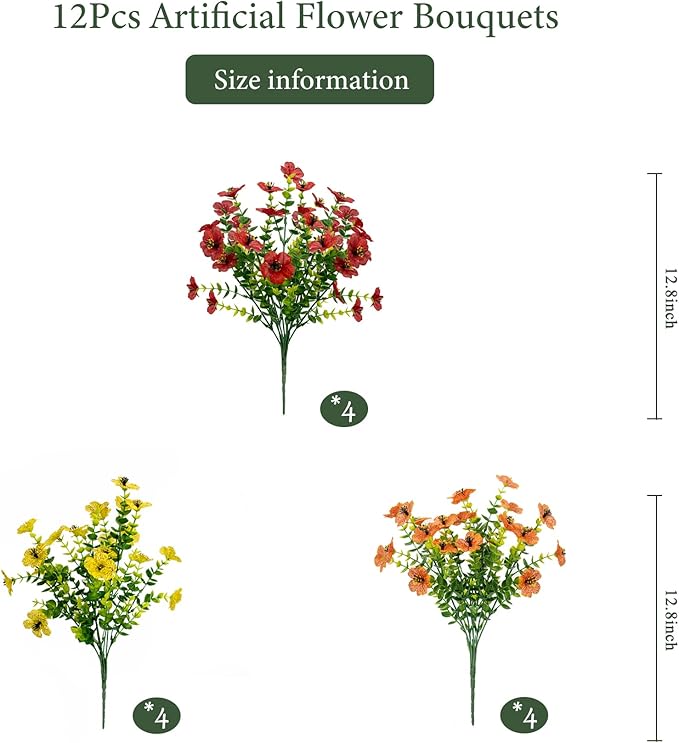 Artificial Flowers for Outdoors, Faux Flowers for Outdoor Planters, 12 Bundles Realistic Silk Flower Faux Fake Plants for Porch Patio Yard Planters, Home Decor, Yellow + Orange + Red