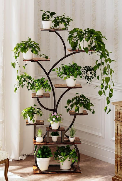 VINGLI 61" Tall Plant Stand with Grow Light, 10-Tier Indoor Plant Shelf with LED Light Strips, Tree-Shaped Metal Rack for Indoor Growing, Black