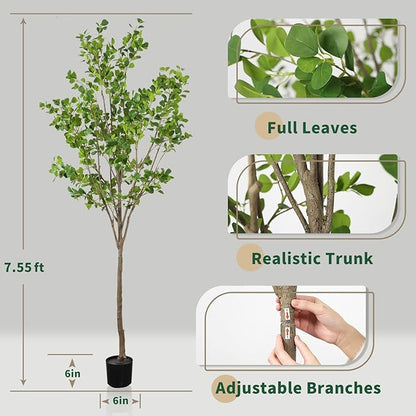 7.55ft Ficus Artificial Trees, Lifelike Faux Tree, Green Lush Fake Ficus Tree Artificial Plants for Office Home Living Room Indoor Outdoor Modern Decor, Perfect Housewarming Gift