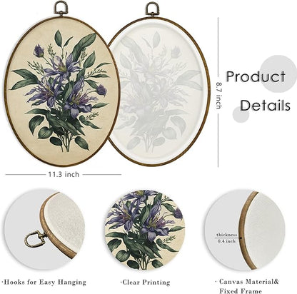 MAQIKA Retro Purple Floral Plant Oval Framed Wall Art Decor, Vintage Botanical Print, Wildflower Oval Wall Hanging Decor, Purple Flower Canvas Prints Wall Art for Bedroom Dorm Room, 8.7x11.3 Inch