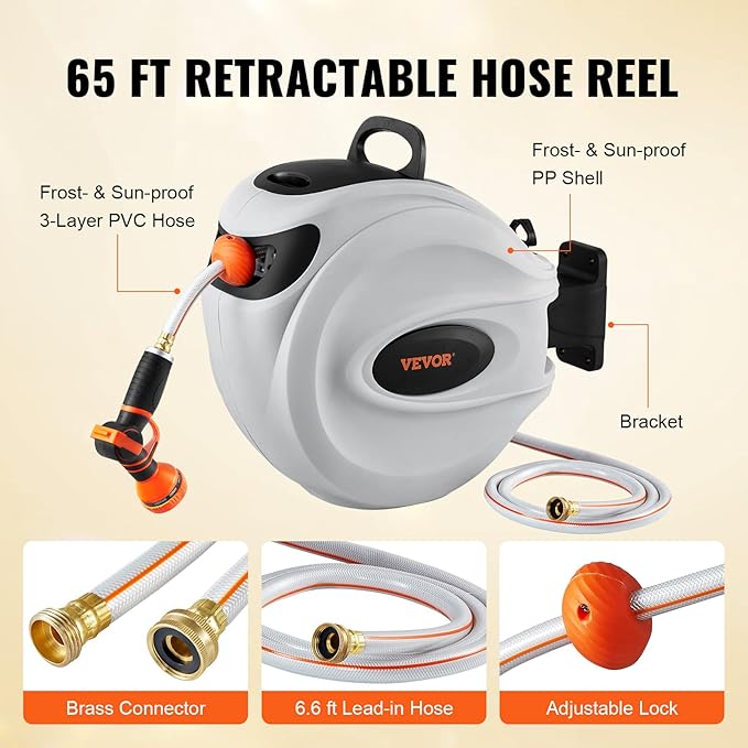 VEVOR Retractable Hose Reel, 65 ft x 5/8 inch, 180° Swivel Bracket Wall-Mounted, Garden Water Hose Reel with 9-Pattern Nozzle, Automatic Rewind, Lock at Any Length, and Slow Return System
