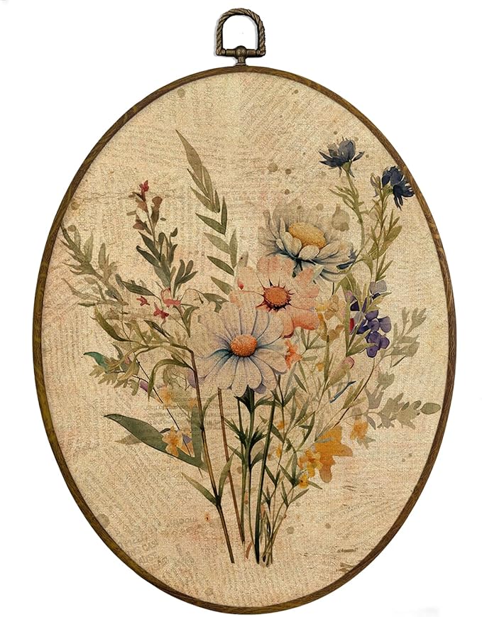 MAQIKA Vintage Floral Oval Framed Wall Art Decor, Boho Flower Wall Decor, Botanical Daisy Oval Wall Hanging Decor, Farmhouse Plant Canvas Prints Wall Art for Kitchen Bathroom Dorm Room, 8.7x11.3 Inch