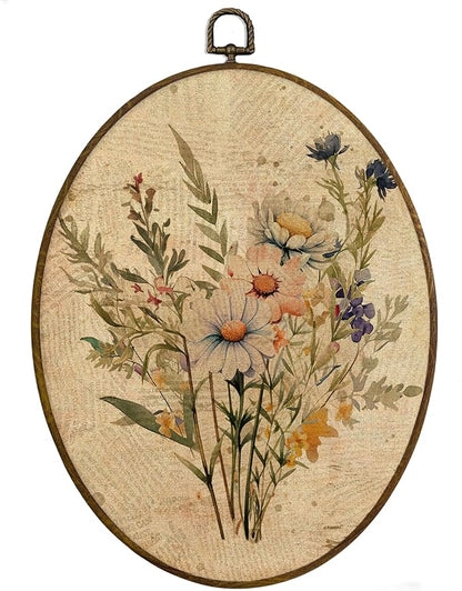 MAQIKA Vintage Floral Oval Framed Wall Art Decor, Boho Flower Wall Decor, Botanical Daisy Oval Wall Hanging Decor, Farmhouse Plant Canvas Prints Wall Art for Kitchen Bathroom Dorm Room, 8.7x11.3 Inch