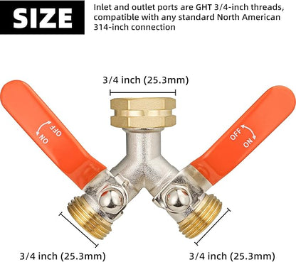 2 Way Hose Splitter, Brass High Flow Garden Hose Splitter Heavy Duty, Hose Connector, Water Spigot Splitter, Full Flow Faucet Splitter with shutoff, 3/4” GHT Inlet