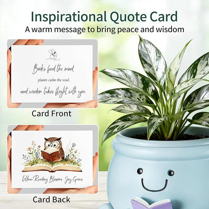 Book Lover Gift Set- Cute Reading Planter Pot with 5 Heart Leather Bookmarks & Quote Card, Cozy Desk Decor for Teacher, Librarian, Women, Mom, Friend, Colleague