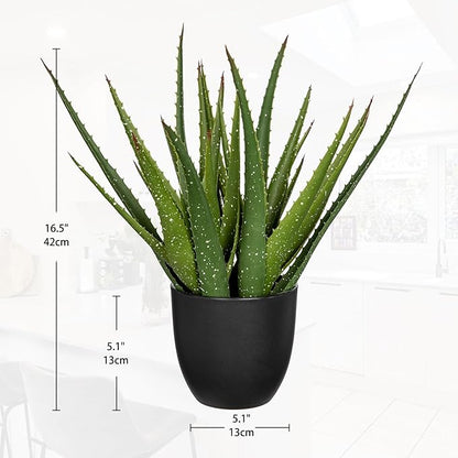 Large Fake Succulent Aloe Vera Plants 16.5 Inch Artificial Succulents with Black Pot Faux Aloe Potted Plant for Desk Modern Home Office Bedroom Living Room Table Shelf Decor