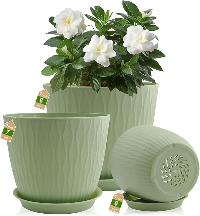 8/7/6 inch Plant Pots, 3 Pack Flower Pots for Outdoor Indoor Garden Plants, Large Planters with Multi Mesh Drainage Holes and Saucer (Green, 8"+7"+6")