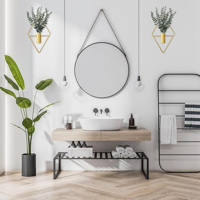 Jexine Hanging Planters with Artificial Eucalyptus Metal Hanging Vase Indoor Plants Holder Modern Geometric Boho Bathroom Wall Decor for Living Room Home Office(Gold,4 Pcs)