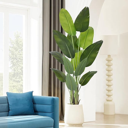 Artificial Bird of Paradise Plant 6Ft Tall Fake Tropical Palm Tree Large Fake Plants with 13 Silk Banana Leaves Faux Plant Indoor Decor Trees with White Pot for Home Bedroom Living Room Office（2pcs）