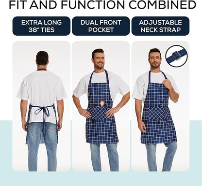 Will Well Kitchen Apron for Men and Women - 33" x 27" Oil-and-Water-Resistant with Adjustable Neck Strap and 38" Waist Ties for a Snug Fit, Lightweight with 2 Front Pockets - 2-Pack, Navy Checkered