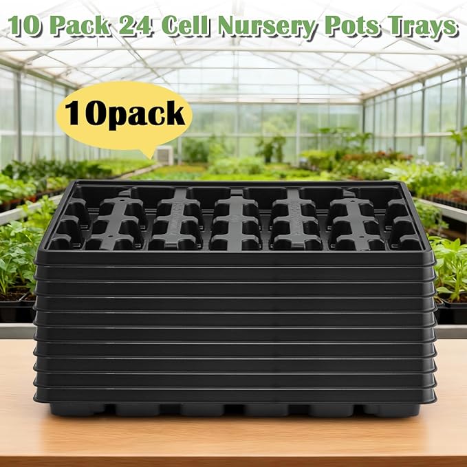 24 Cell Nursery Pots Trays 10 Pack (17"x11"x1.6"), Reusable Plastic Plant Pot Tray with Drain Holes, Carrying Seed Starter Tray for Holding 2.8 inch (7CM) Square Nursery Pots (Black)