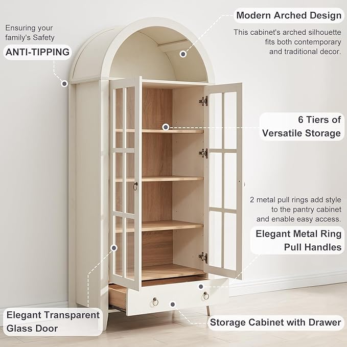 71" Tall Arched Cabinet, Modern Farmhouse Wooden Display Cabinet with Drawer and Glass Doors, 6 Tier Bookshelf w/Adjustable Shelves for Living Room, Office, Antique White
