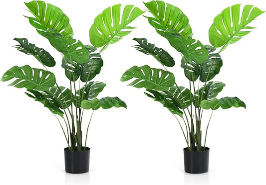 4FT Fake Monstera Deliciosa Plants, Faux Monstera Plant w/15 Turtle Leaves, Cement-Filled Plastic Pot, 60 Inch Fake Plant for Indoor Home Office Living Room Decoration Set of 2