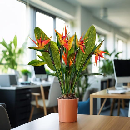 Artificial Bird of Paradise Flowers Real Touch 31.5'in Long Stem Flower 4 Pcs, with Bird of Paradise Leaves 33.5'in Long Stem Greenery Plants 2 Pcs,for Home Garden Wedding Party Decor (Orange 6 Stems)