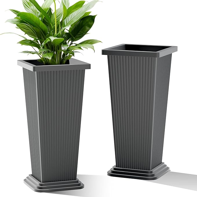 24 Inch Tall Tapered Square Planters (Set of 2) - Indoor Outdoor Large Flower Pots with Built-in Drainage & Matching Water Tray for Patio, Garden, Home - Gray