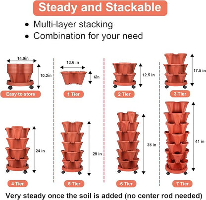 GameXcel Vertical Planter 7 Tier Stackable Planters Garden Planters Strawberry Herb Flower and Vegetable Planter Indoor Outdoor Gardening Pots with Removable Wheels and Tools
