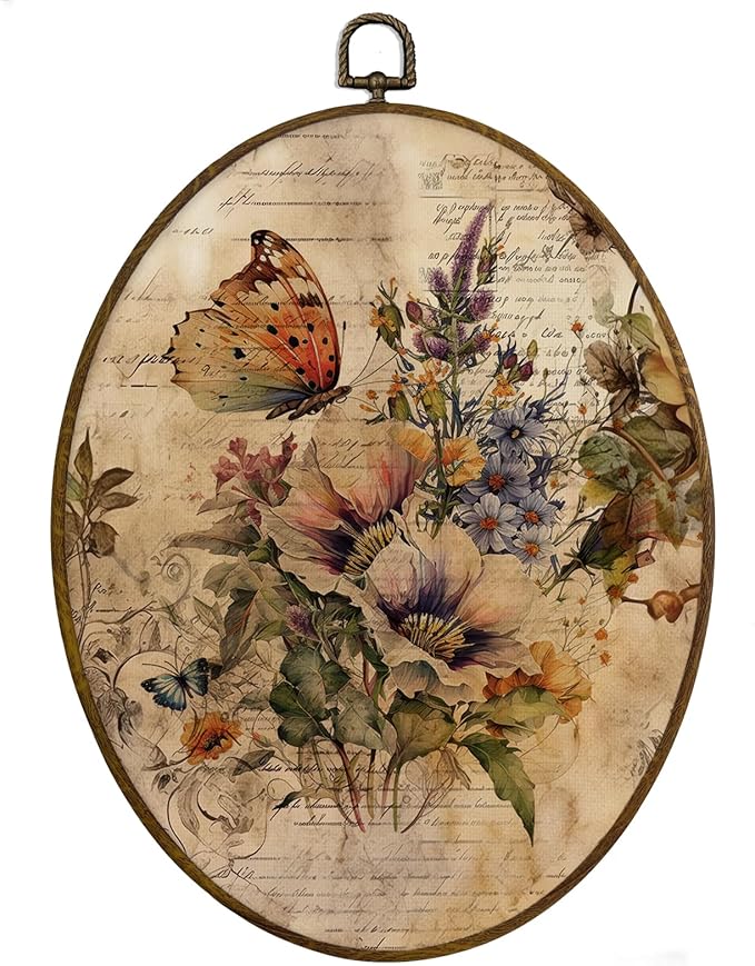MAQIKA Farmhouse Butterfly Floral Oval Framed Wall Art Decor, Butterfly Home Decor, Wildflower Oval Wall Hanging Decor, Vintage Butterflies Canvas Prints Wall Art for Office Liviing Room, 8.7x11.3 In