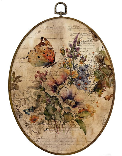 MAQIKA Farmhouse Butterfly Floral Oval Framed Wall Art Decor, Butterfly Home Decor, Wildflower Oval Wall Hanging Decor, Vintage Butterflies Canvas Prints Wall Art for Office Liviing Room, 8.7x11.3 In