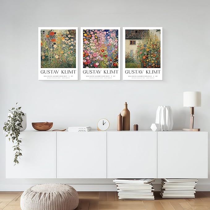 Framed Gustav Klimt Canvas Wall Art Colorful Floral Poster Picture Vintage Countryside Painting Nature Landscape Modern Home Print Living Room Gallery Office Ready to Hang 12x16 Inch x3
