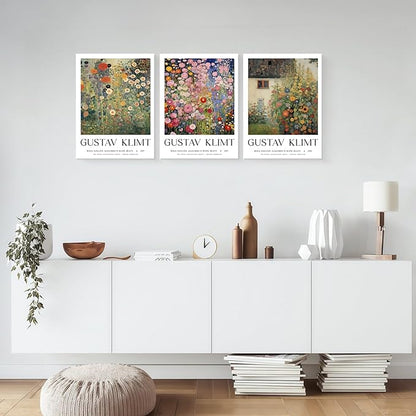 Framed Gustav Klimt Canvas Wall Art Colorful Floral Poster Picture Vintage Countryside Painting Nature Landscape Modern Home Print Living Room Gallery Office Ready to Hang 16x24 Inch x3