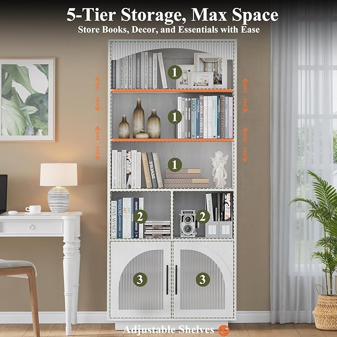 70" Tall Bookshelf with Door, White Bookshelf, 5 Tier Bookcase with Cabinet & Adjustable Shelves, 15.5" Deep Storage Shelf, Mid-Century Wood Standing Bookshelves and Bookcase for Home Office Kitchen