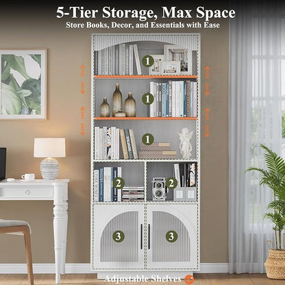 70" Tall Bookshelf with Door, White Bookshelf, 5 Tier Bookcase with Cabinet & Adjustable Shelves, 15.5" Deep Storage Shelf, Mid-Century Wood Standing Bookshelves and Bookcase for Home Office Kitchen