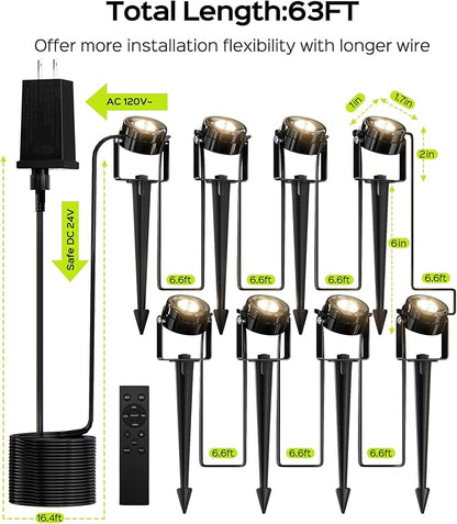 JACKYLED 8-Light LED Low Voltage Landscape Lighting, 9W Outdoor Spot Lights with Adapter, 3000K Warm White, ON/Off Timer, IP65 Waterproof Spotlights with Spiked Stand for Pathway, Patio, Tree, 63FT