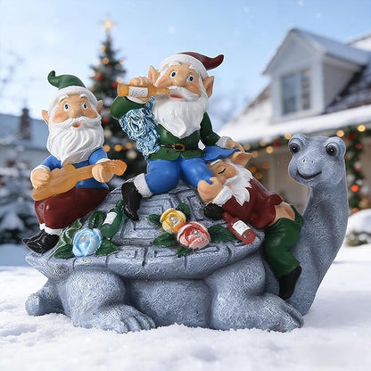 Upgraded Size Christmas Gnomes Outdoor Statue Three Gnomes Having Party on Turtle with 7 LED Solar Figurine for Garden Lawn,Patio,Yard Decor Unique for Grandfather, Father,Grandma,Wen