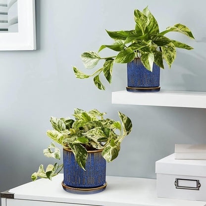 Ceramic Plant Pots with Drainage Holes, Set of 2, 4.3+5.1 Inch Stripe Garden Planter Pots for Outdoor Indoor Plants Flower, Round Succulent Orchid Flower Pot Blue
