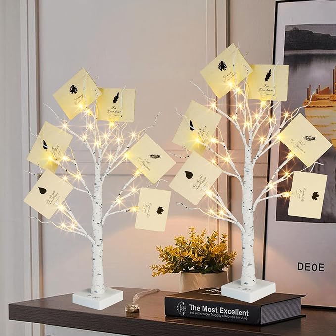 PABIPABI Money Tree Gift Holder, Set of 2 Birch Tree with 24 Clear Clips, Battery/USB Powered Timer Tabletop Trees for Home Party, Christmas, Wedding, Birthday Graduation (Warm White)