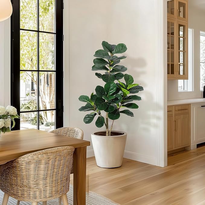 4 ft Fiddle Leaf Fig Tree Artificial with 48 Leaves - Realistic Faux Ficus Lyrata Trees in 7.8 in White Planter Pot, Indoor Fake Floor Plants for Home Office Living Room Decor, Housewarming Gift