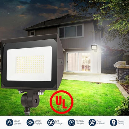 100W Outdoor LED Flood Light with Plate, 5000K Daylight 13000LM 120V, UL Waterproof LED Security Flood Lighting for Wall Wash/Sign/Flagpole/Tree/Yards/Advertising Boards