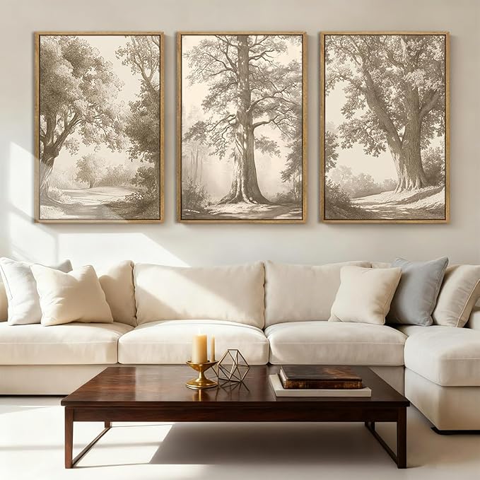 Vintage Tree Wall Art Framed Tree Sketch Antique Painting Neutral Forest Wall Decor 16x24 Inch Set of 3 for Living Room Bedroom