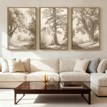 Vintage Tree Wall Art Framed Tree Sketch Antique Painting Neutral Forest Wall Decor 16x24 Inch Set of 3 for Living Room Bedroom