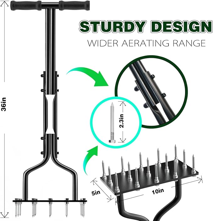 Lawn Aerator Spike Manual Tool with 15 Iron Spikes, Garden Grass Aeration Tools Hand Air Aerator & Clean Tool for Aerating Lawns & Yard Care, Loosening Soil, 36”