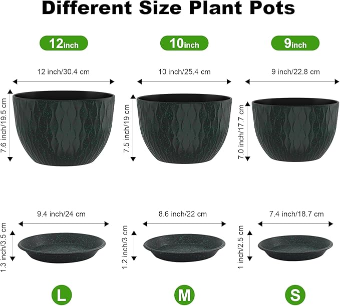 12/10/9 Inch Planter Pots, 3-Pack Large Flower Pots for Indoor Outdoor Garden Plants, Big Plant Pots with Multi Mesh Drainage Holes and Saucer (Black with Green Speckles, 12"+10"+9")