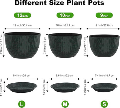 12/10/9 Inch Planter Pots, 3-Pack Large Flower Pots for Indoor Outdoor Garden Plants, Big Plant Pots with Multi Mesh Drainage Holes and Saucer (Black with Green Speckles, 12"+10"+9")