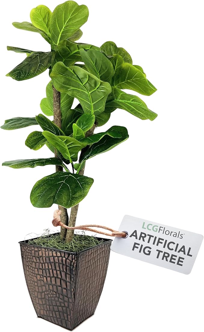 3.2ft Artificial Fiddle Leaf Fig Tree - Real Wood Trunk, Preassembled, No Maintenance Indoor Faux Plant in Copper Metal Pot - Living Room, Home & Office Decor