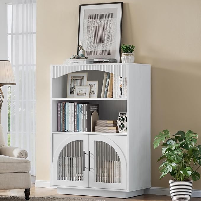 46" Bookshelf with Doors, White Bookcase with Glass Door, 3 Tier Small Bookshelf w/Deep Storage Cabinet and Adjustable Shelves, Wood Standing Mid Century Book Shelf for Home Office Kitchen