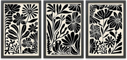 TQianJiang Flower Plant Sign Wall Decor 16"X11" Set of 3 Black And White Botanical Painting Wood Framed for Bedroom Abstract Wildflower Hanging Art (Black)