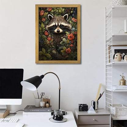 SAMHOU Framed 3D Textured Wall Art, Vintage Hand Drawn Sandstone Raccoon Wall Decor, Dark Academia Animal with Botanical Florals Paintings for Living Room Bedroom Bathroom Home Decor 12x16 inch