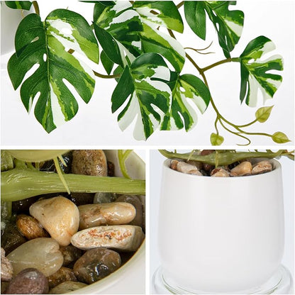 DILATATA Fake Plants Indoor 8 Inch Artificial Monstera Plant in White Ceramic Pot - Faux Potted Tropical Palm Plant for Home Aesthetic Decor Living Room Shelf Office