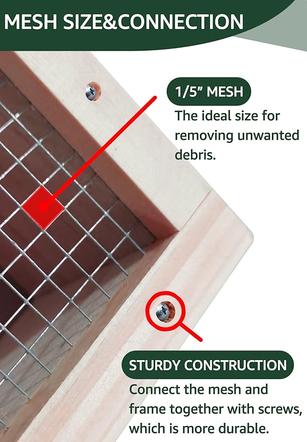 Soil Sifter,Dirt Sifter for Gardening Rock Sifter for Rocks Compost Sifter Wooden Sifting Screen,Garden Sieve for Pellet/Gravel/Soil/Leaves,Garden Tool 15.7" x11.8”x2.8” with 1/5” Mesh…